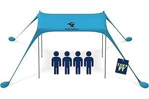 SUN NINJA Beach Tent Sun Shelter UPF50+ - Easy Pop Up Beach Canopy - Outdoor Shade for Camping Trips, Fishing, Backyard Fun Picnics - Sand Shovel, Ground Pegs & Stability Poles