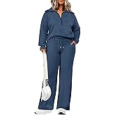 Chulianyouhuo Womens Plus Size 2 Piece Outfits Lapel Half Zip Sweatshirts Wide Leg Pants Tracksuits Lounge Matching Sets