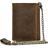 PINKPIN Mens Wallets with Chains, Genuine Leather Trifold Wallet RFID Blocking Anti-Theft Chain for Biker, Motorcycle (Brown)