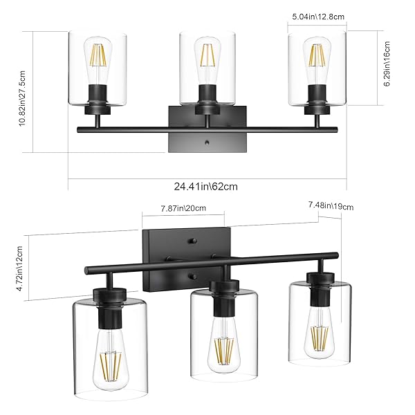 AIPSUN 3 LIGHTS BLACK VANITY LIGHT FIXTURES OVER MIRROR WITH CLEAR GLASS SHADES INDUSTRIAL WALL LIGHT FIXTURE FOR BATHROOM(EXCLUDE BULB)