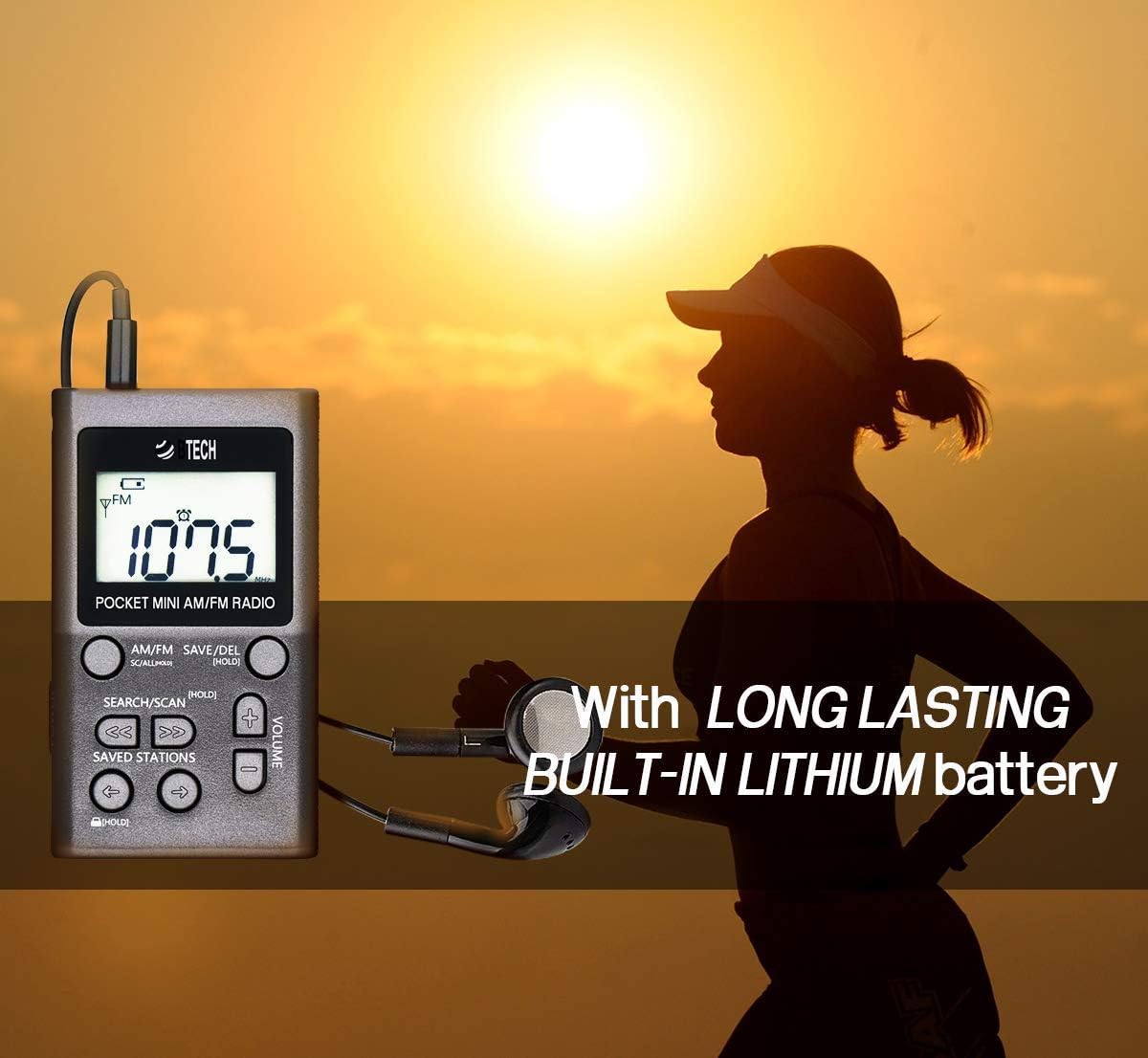 BTECH MPR-AF1 AM FM Personal Radio with Two Types of Stereo Headphones, Clock, Great Reception and Long Battery Life, Mini Pocket Walkman Radio with Headphones (Silver): Electronics
