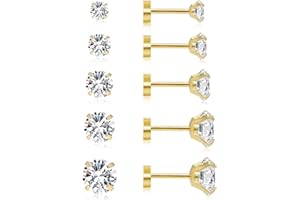 SWEETKIKI Dainty 6 Pairs Surgical Steel Earrings Sets for Multiple Piercing, Lightweight 14K Gold Plated Small Huggie Hoop Earrings, Flat Back Tiny Ball CZ Stud Earrings for Cartilage, Helix, Lobe, Hypoallergenic