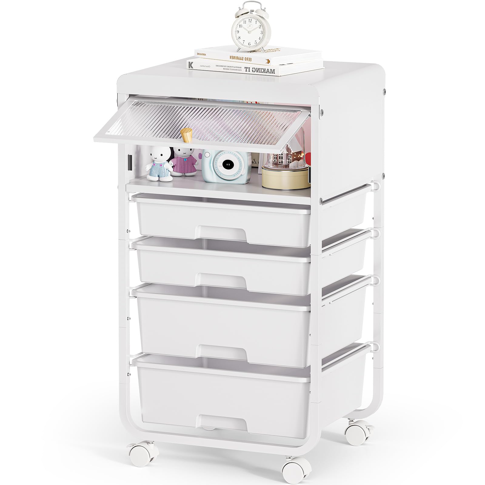 Photo 1 of (for parts, miossing)     SYKIARIOL Utility-Rolling-Storage-Drawer-Craft-Cart-Organizers with 4 Drawers & Dust-proof Door for Kid Craft Art Room,Bedroom,Home Office, Craft Drawer cart, Classic White