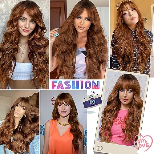 POPTAIYU Ombre Brown Wavy Wigs with Bangs for Women, Long Wavy Wig with Bangs,Curly Natural Looking Synthetic Heat Resistant Fiber Wig for Party Cosplay Daily Use 26 Inches (Ombre Brown)