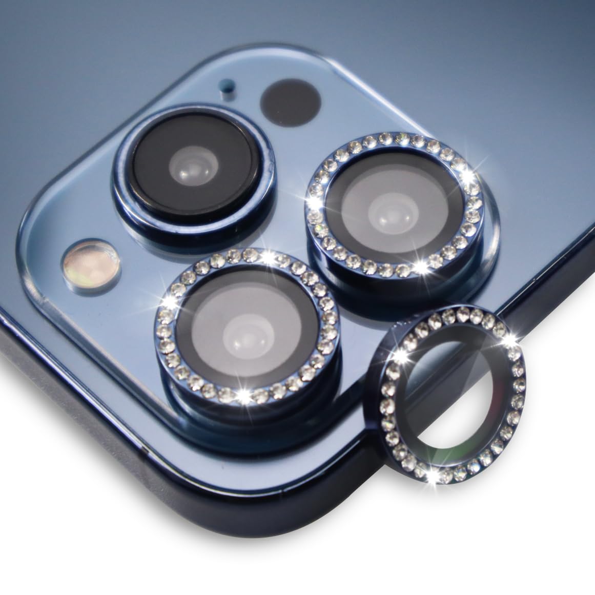 BONVAN iPhone 15 Pro/Pro Max Camera Lens Protector - Bling Glitter Diamond Metal Crystal Tempered Glass Screen Accessories Rhinestones Lens Cover (DK.Blue)