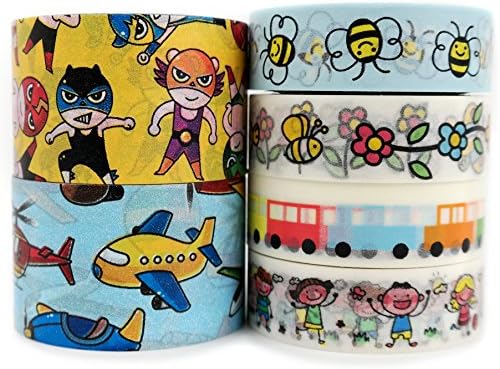 Crafty Rabbit Kids Stuff Washi Tape - Set of 6 Rolls - 196 Feet Total - Multicolor