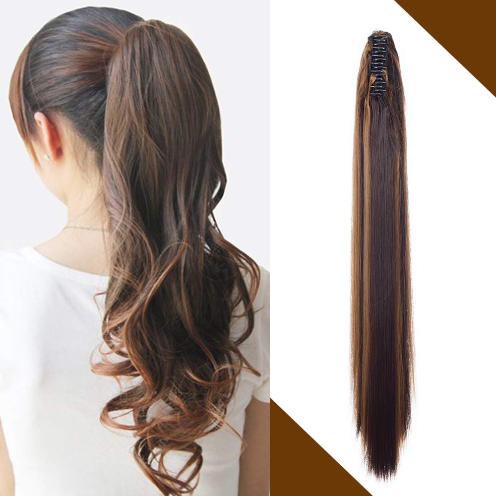 Silk-co Long Straight Claw on Ponytail Extensions Synthetic Clip in Hairpiece Pony Tail Extension[26" Chocolate Brown&Brown] Heat-Resisting — image 1