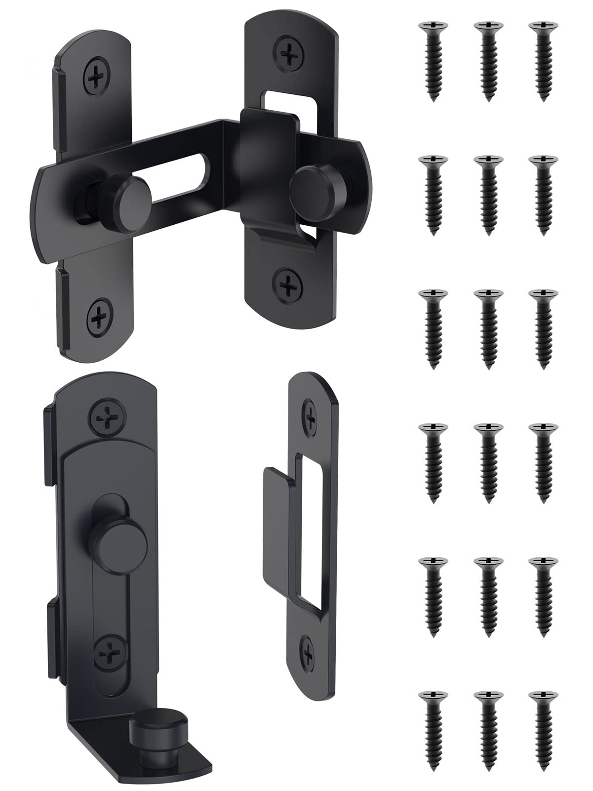 MeBantoo 90 Degree Flip Barn Door Lock, Safety Stainless Steel Lock Latch for Right Angle Curved Door, Garden, Garage, Wine Cabinet, Closet (2 Pack Black)