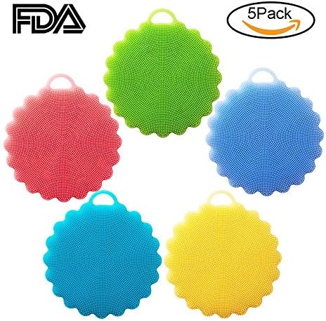 AOSHR Silicone Dishwashing Sponge Scrubber Brushes, Multipurpose Food-Grade Non Stick, Heat-resistant Mat, 5 Pack