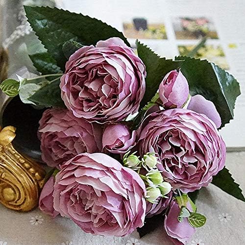 DWE Artificial Peony Flowers, 5 Heads Silk Peony Plastic Fake Flowers Bridal Bouquet for Christmas Wedding Party Home Ddecoration (B Purple)
