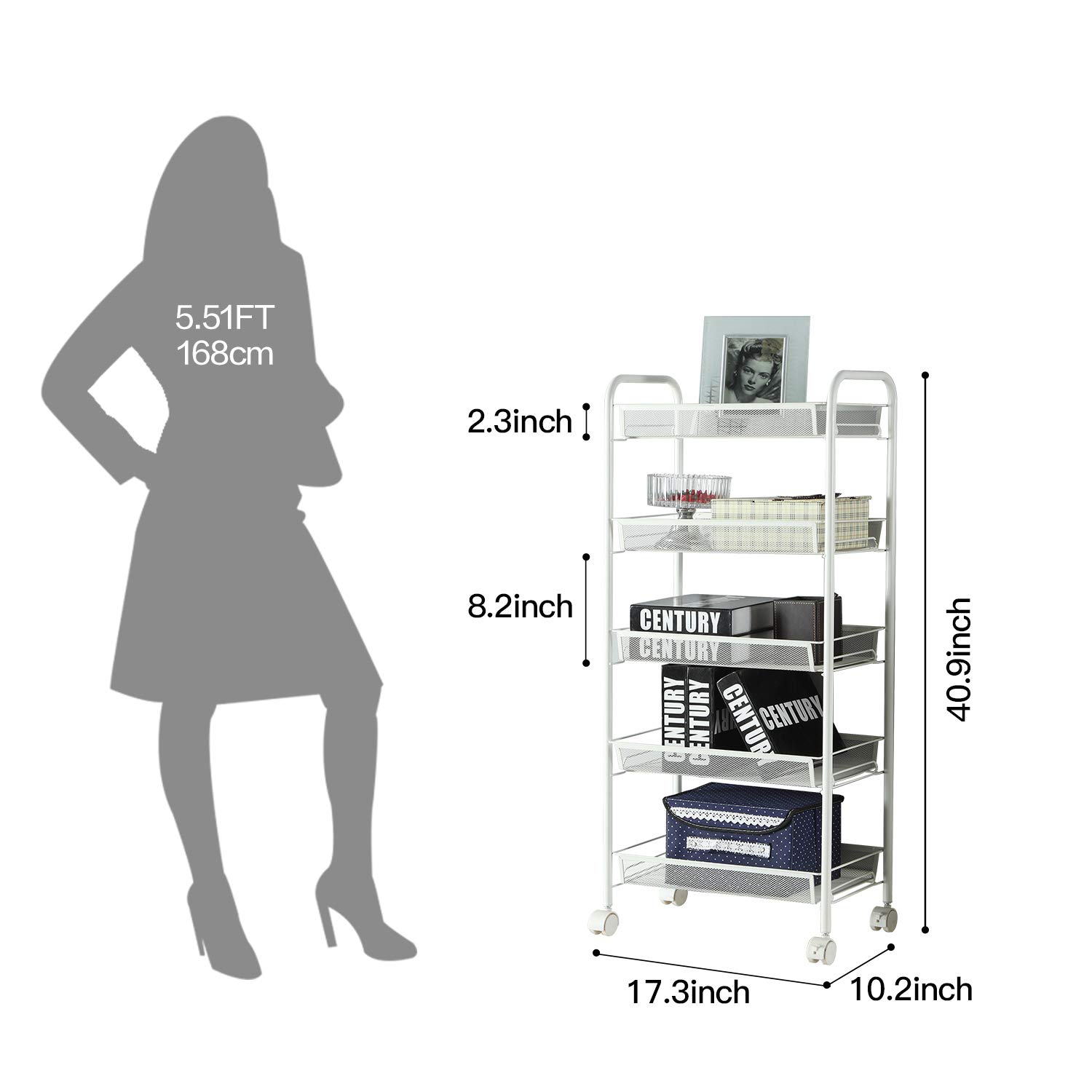 SINGAYE 5–Tier Wire Mesh Utility Storage Cart Metal Rolling Rack Metal Basket Shelving Kitchen Bathroom Organization Trolley