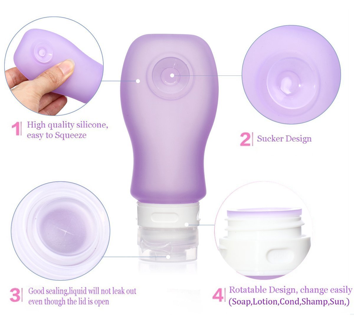 Kitdine Squeezable & Refillable Silicone Travel Bottles Containers - For Shampoo, Conditioner, Lotion, Toiletries - 4 Pack (3OZ, Pink + Orange + Green + Purple) by Kitdine