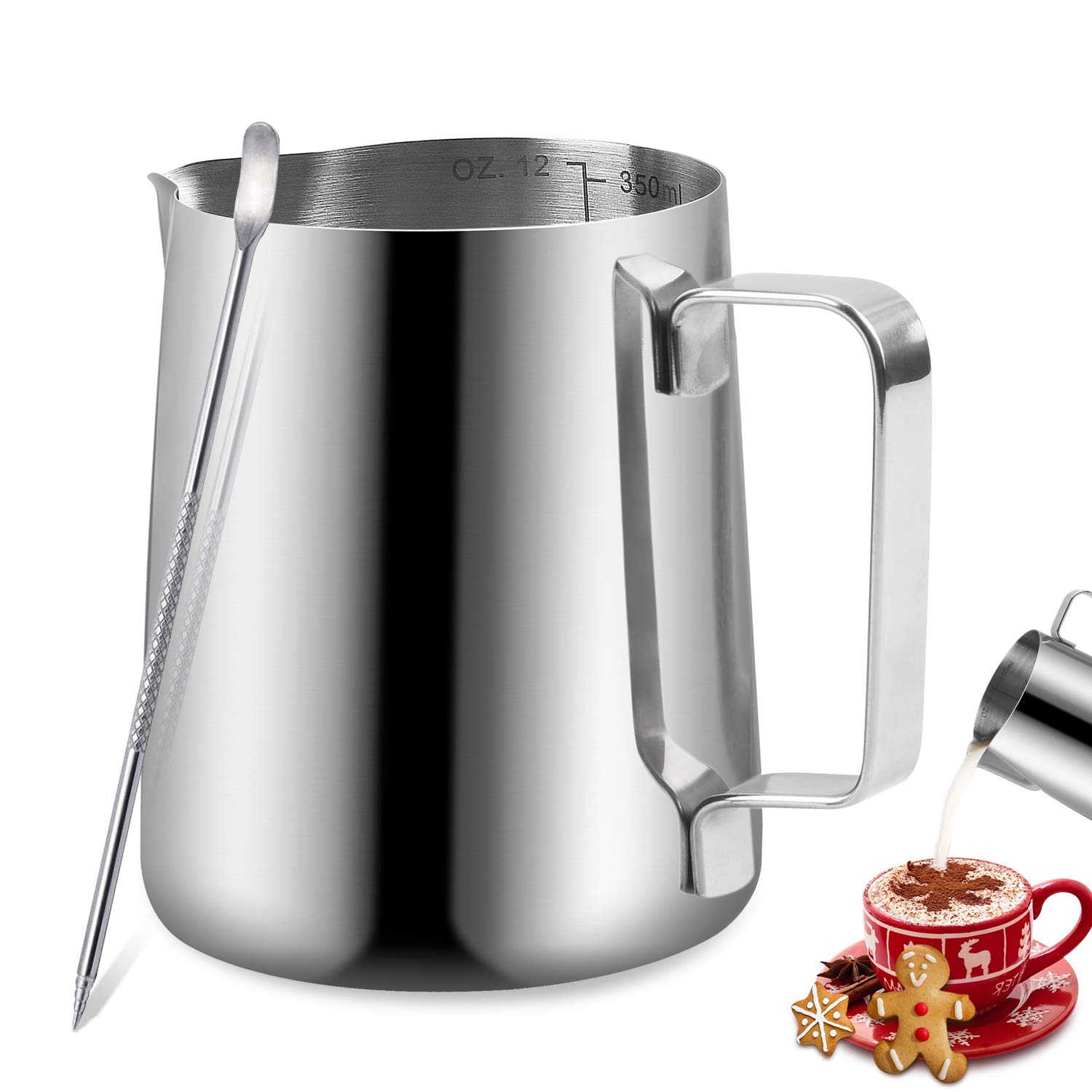 Milk Frothing Jug, TechKen Milk Frothing Pitcher 350ml/600ml/900ml(12oz/20oz/32oz) Stainless Steel Milk Coffee Frothing Pitcher with Measurement Mark for Making Cappuccino Espresso (12oz/350ml)