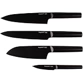 BergHOFF Ron 4Pc Non Stick Titanium Stainless Steel Kitchen Knife Set | Chef, Santoku, Carving &amp; Paring Knives, Ergonomic Hollow Handle, Matte Black Corrosion Resistant Cutlery for Slicing
