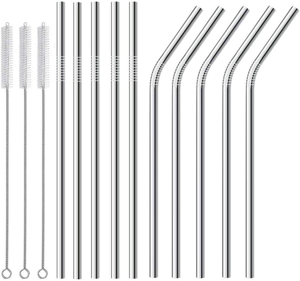 AnSaw Set of 10 Reusable Stainless Steel Metal Straws, 8.5 Inch Ultra Long Rustproof Metal Drinking Straws with 3 Pack Long Cleaning Brush for 20oz Tumblers Yeti Dishwasher Safe (Silver straw)
