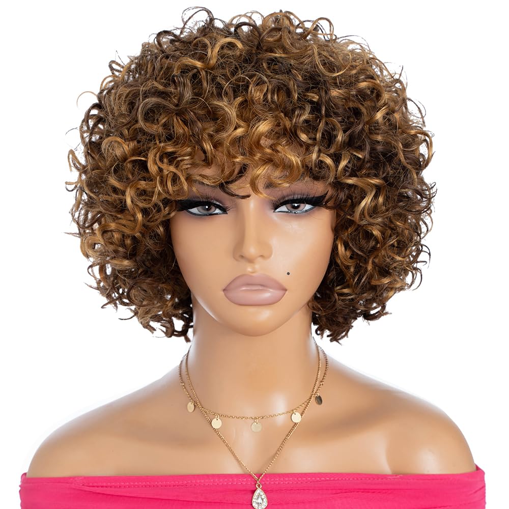 Rebecca Fashion 8" Highlight Brown Curly Wigs for Black Women, Human Hair, Short Curly Wigs with Bangs, 10A Brazilian Virgin, 150% Density, Glueless, Wear and Go