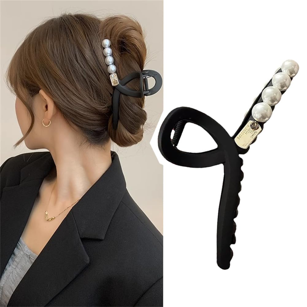 gaobaozhu Elegant Pearl Frosted Cross Hair Claw Black Hair Clips For Women Leisure Versatile Shark Barrettes for Thick or Thin Hair Clamp for Women and Girls