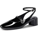 LOOPCHARM Womens Mary Jane Chunky Low Heels Closed Ankle Strap Square Toe Pumps Wedding Dress Party Shoes,Black Pu,6.5