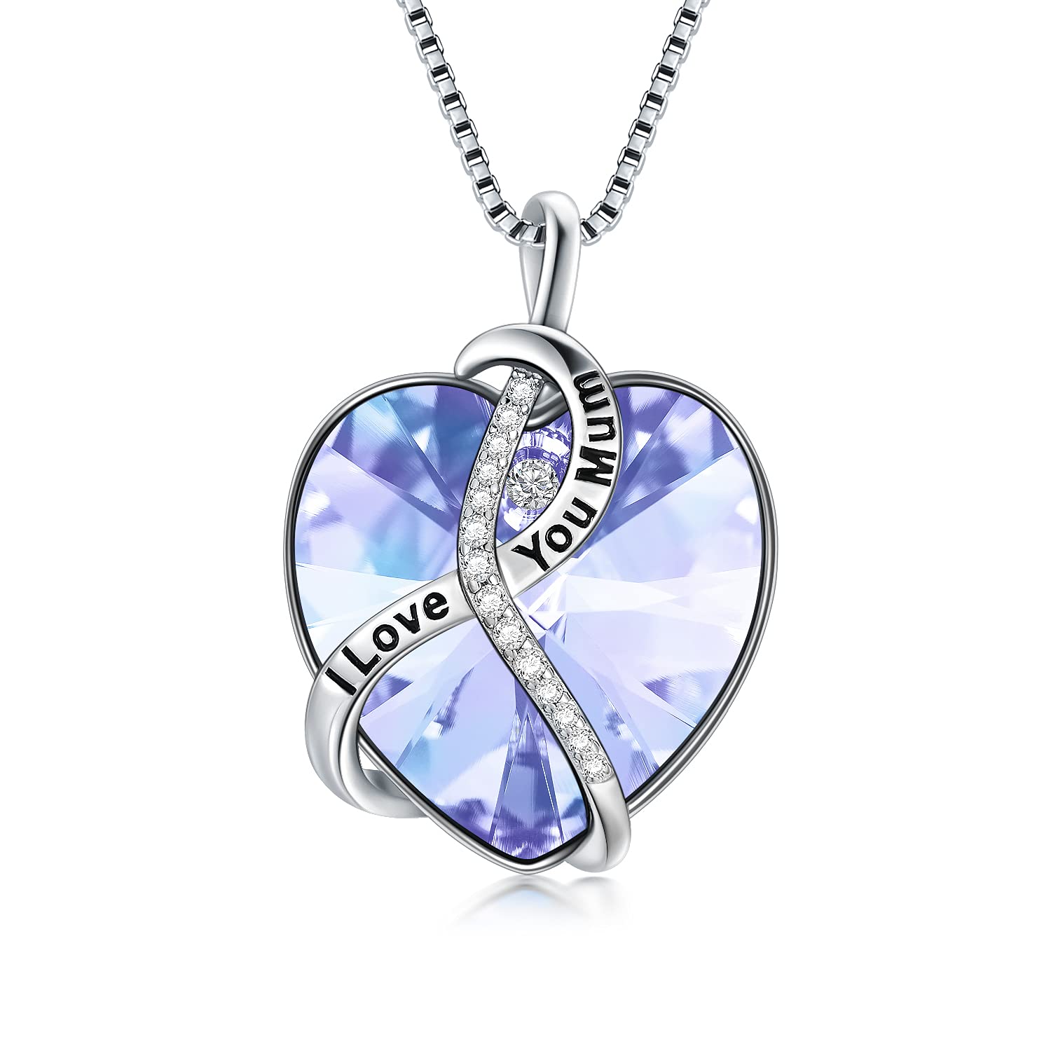 AOBOCO Gifts for Mum Necklaces Mother Birthday Jewellery Gifts Sterling Silver I Love You Mum Heart Necklace (Simulated Blue Topaz)