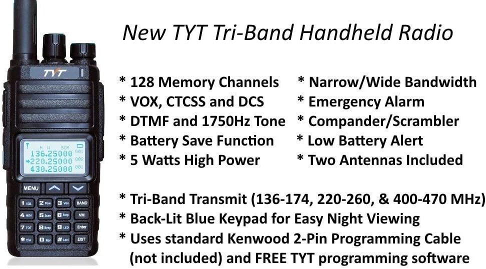 TYT TH-350 Tri-Band 5W Analog Handheld Radio (144/222/440 MHz) w/Extra Li-Ion Battery