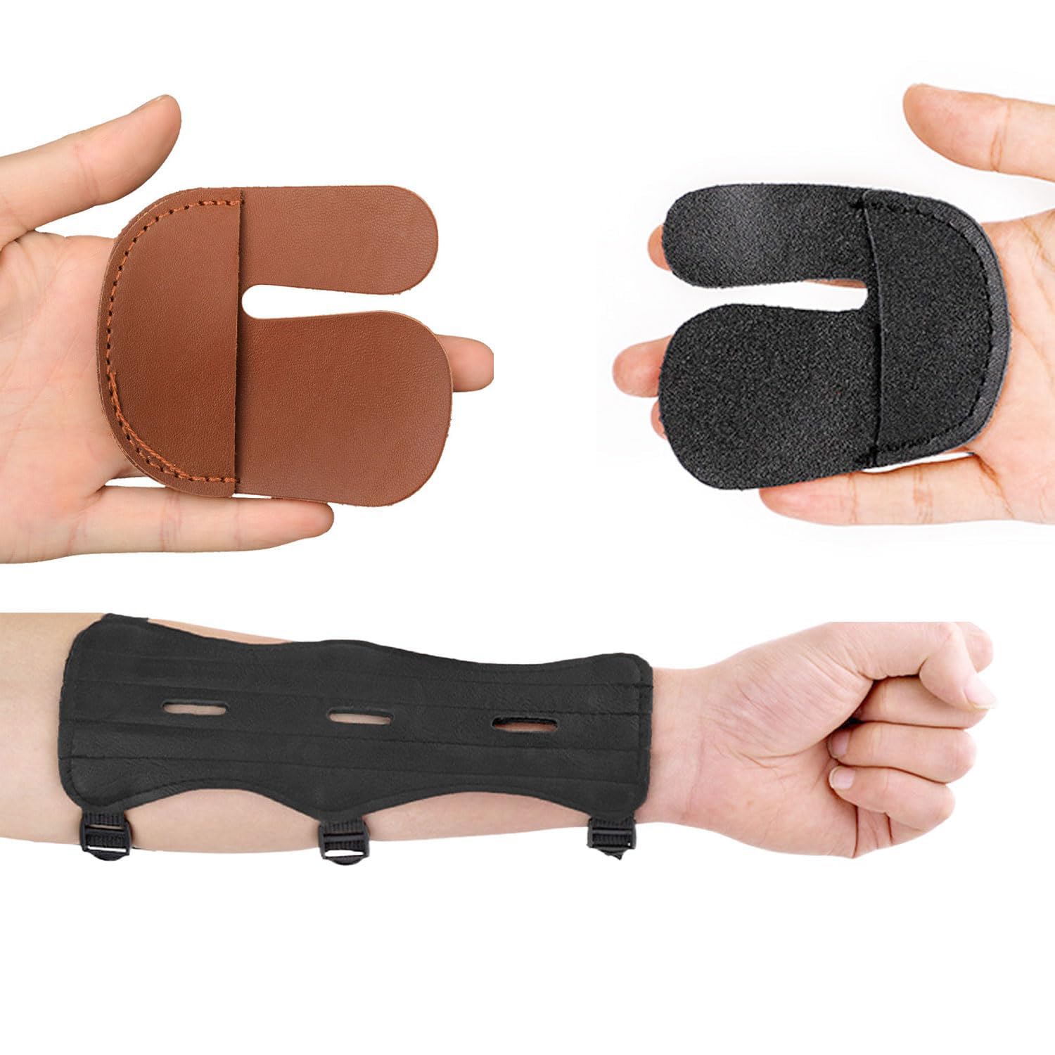Fiita Archery Arm Guard Finger Protection Set,Protective Leather Bow Range with 3 Strap Buckles, Forearm Wrist Guard Hunting Shooting Arm Protector,Shooting Hunting Arrow Bow Gear (Brown)