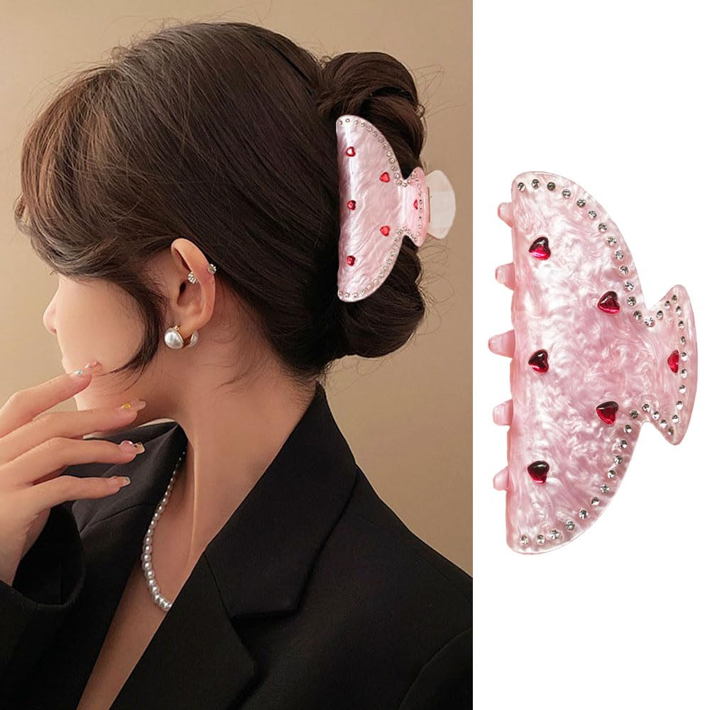 Photo 1 of 1 Pack Valentine's Day Hair Claw Clips Pink Hair Clips with Red Heart Rhinestone Valentines Hair Accessories Fashion Strong Hold Hair Claw Clips Crystal Diamond Unique Design Claw Clips for Women Girl