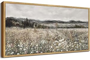 SHENIFY 20x40in Extra Large Vintage Framed Wall Art Meadow with Flowers Landscape Painting Retro Scenery Farmhouse Bedroom Above of Bed Living Room Decor - Natural Framed