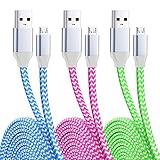 USB Charging Cable, OKRAY 3 Pack Flat Braided Micro USB Charger with Metal Connector for Android and Windows Smartphones -10 Feet (Blue Green Hot pink)