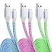 USB Charging Cable, OKRAY 3 Pack Flat Braided Micro USB Charger with Metal Connector for Android and Windows Smartphones -10 Feet (Blue Green Hot pink)
