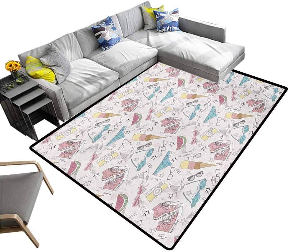 Teen Room Rug Pad Girlish Sunglasses Camera Ice Cream Underwear Watermelon Modern Graphic Print Non-Slip Doormat Carpet Multicolor (4'7"x5'2")