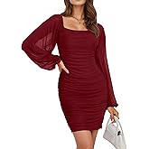 Women's White Black Pink Green Mesh Long Sleeve Square Neck Ruched Party Club Cocktail Bodycon Short Tight Prom Mini Dress Summer Spring Fall Sexy Classy Banquet Dress Teen Girl Grad Formal Dresses