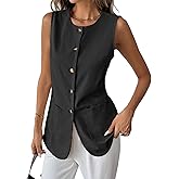 Mina Self 2025 Womens Summer Long Linen Vest Tops Sleeveless Lightweight Single Breasted Trendy Casual Work Jacket Pockets