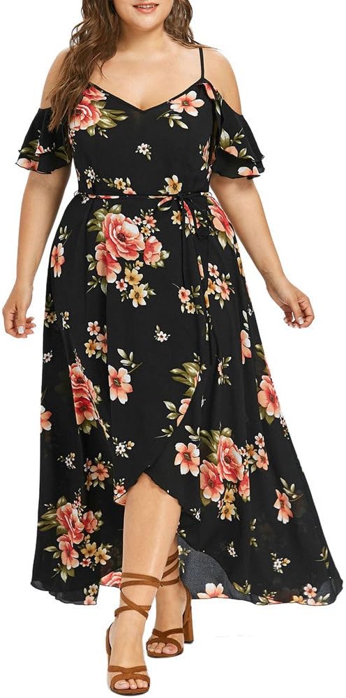 Huaya Women Plus Size Floral Print Dress Cold Shoulder Floral Lace Maxi Party Evening Camis Long Dress