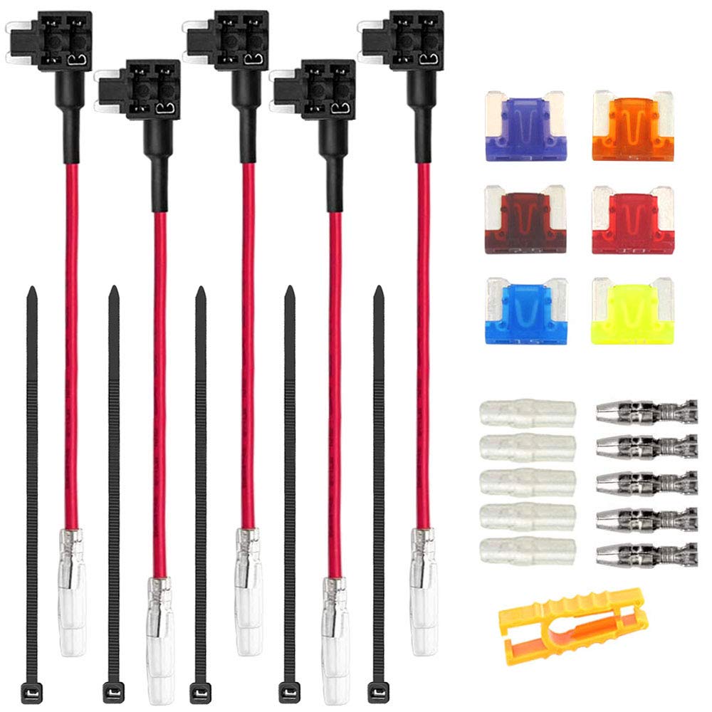 Aiqeer 5-Piece 12V/24V Low-Profile Add-a-Circuit Tap, Car Piggy-Back Fuse Holder with Wire Harness, Free 6-Pack Micro Blade Fuses