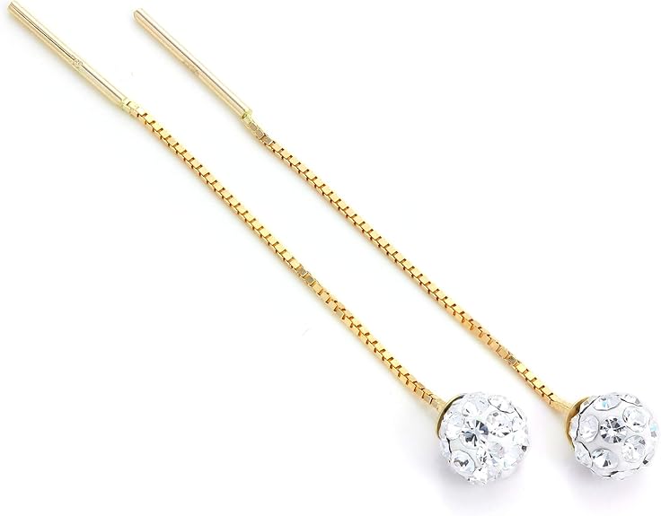 9ct Gold Clear CZ Crystal 5mm Ball Pull Through Threader Earrings