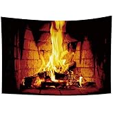 Haoyiyi 39.4x27.6 Inches Burning Fire Tapestry Christmas Fireplace Bright Brick Wall Hanging Vintage Merry Christmas Presents Elements Festival Celebrate Wall Tapestry for Living Room Decor