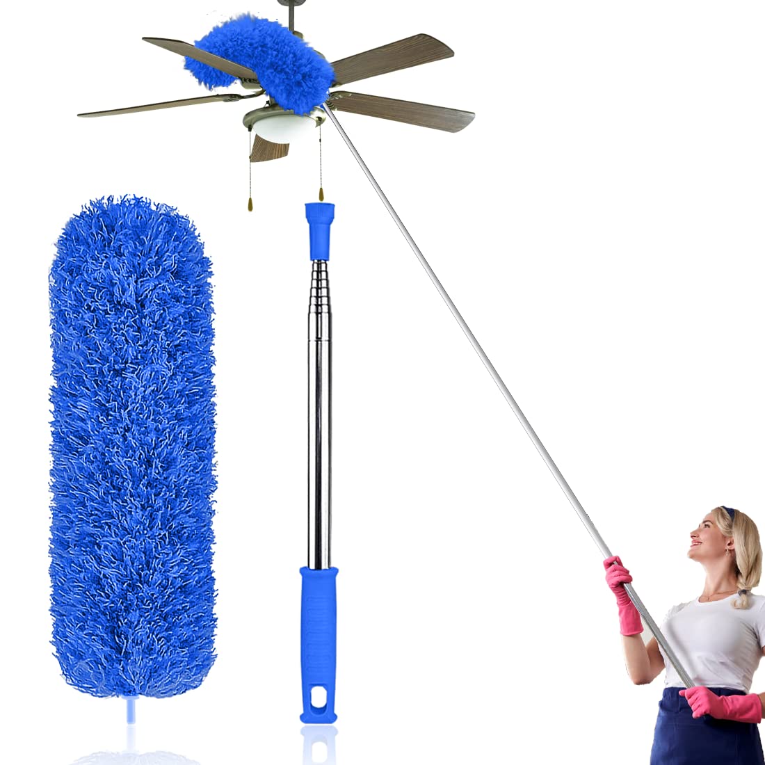 Feather Duster Extendable with Stainless Steel Extension Pole, 100 Inches Extra Long Telescopic Dusters, Cobweb Duster with Bendable Head for Cleaning Blinds, Interior Roof, Ceiling Fan, Cars