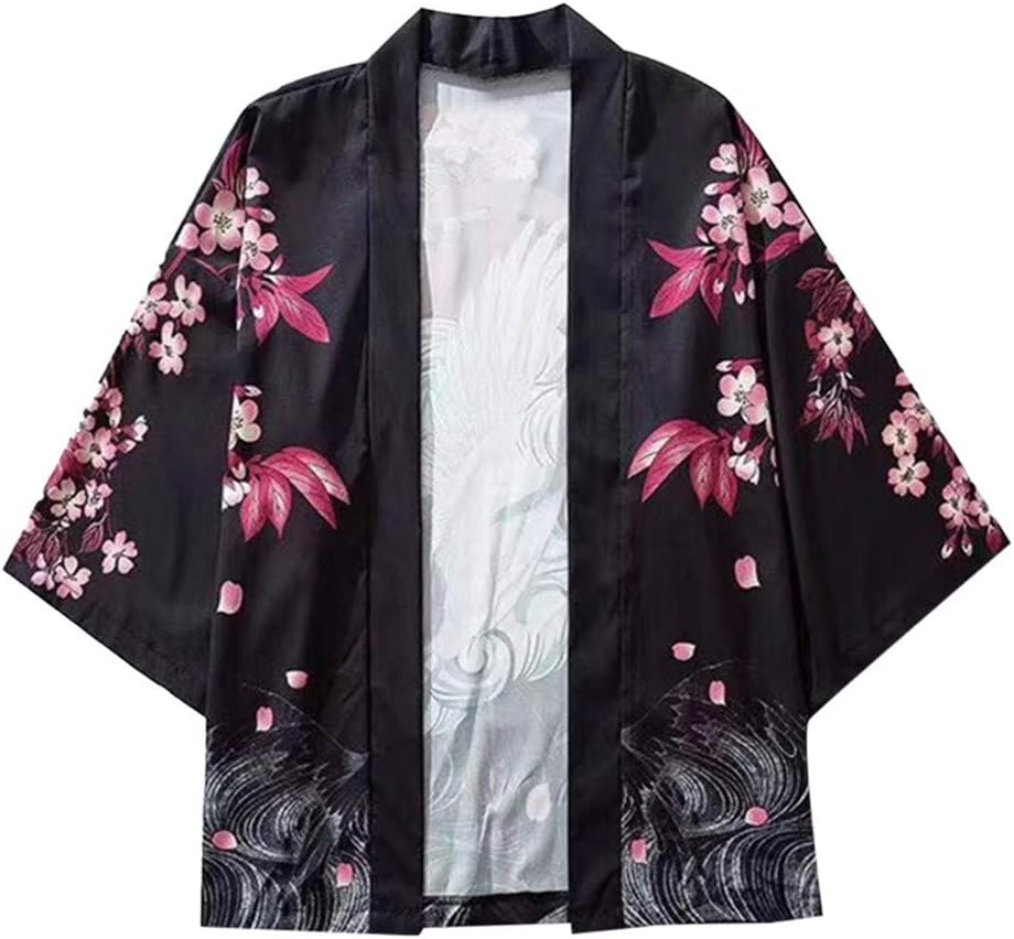 Forthery Men Kimono Cardigan Jacket Japanese Style Seven Sleeves Open Front Coat