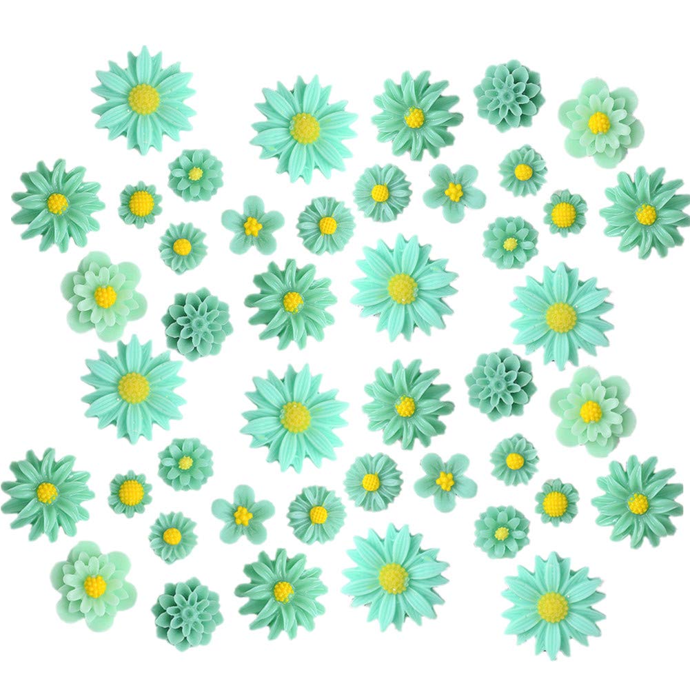 44 Pack Flower Resin Charms Daisy Peony Plastic Flatback Loose Beads for Jewellery Making Scrapbooking Phone Case Decor Hair Accessories Fairy Garden Decor (Green)