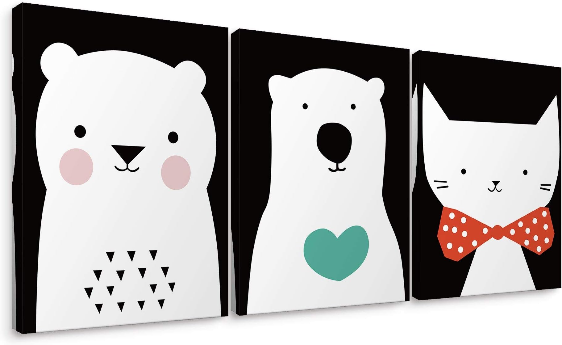 Niwo Art-Bears and Kitten, 3-Piece Animal Canvas Wall Art Home Decor,Framed Ready to Hang