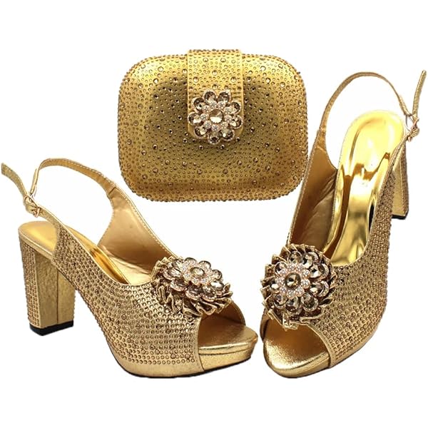 Peach Color Shoes And Bag Set Decorated With Rhinestone High Quality