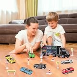 m zimoon Car Transporter Truck Toy Set with 6 Cars & 8 Road Accessories view 3