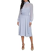 Calvin Klein Womens Long Sleeve Mock Neck Chiffon Overlay Belted Midi Dress