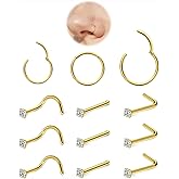 Hoeudjo Nose Rings Surgical Steel Cubic Zirconia Nose Studs Kit for Women Men Tiny Nose Stud Screw & Bone & L Shaped Nostril Rings Piercing Jewelry 20-18 Gauge 12 Pieces