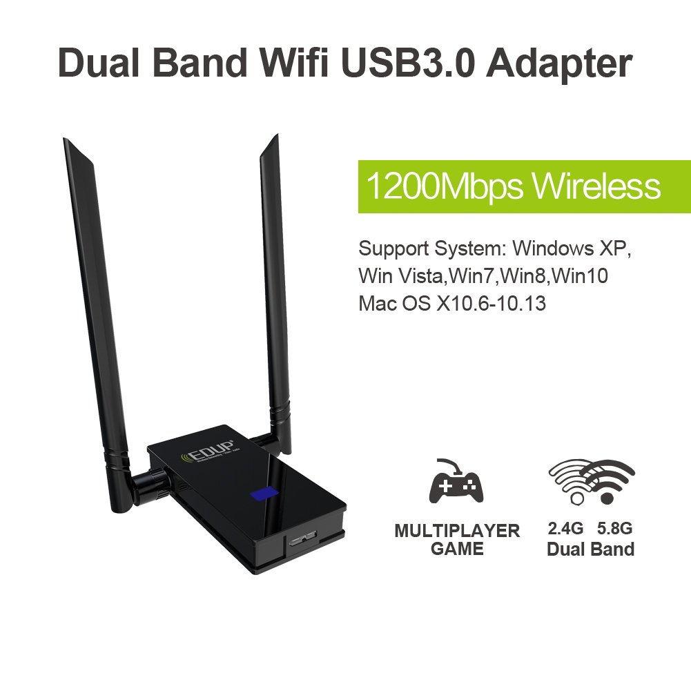 Wifi Adapter, EDUP USB 3.0 Wireless Adapter 802.11AC 1200Mbps Dual Band with 5G 867Mbps/2.4G 300Mbps 6Dbi External Dual Antennas Supports Windows XP,Win Vista,Win 7,Win 8, Win 10,Mac OS X 10.6-10.13