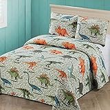 2 pc Twin Size Quilt Bedspread Kids/Teens Boys Dinosaurs Army Green Blue Orange Multicolor Bedding New