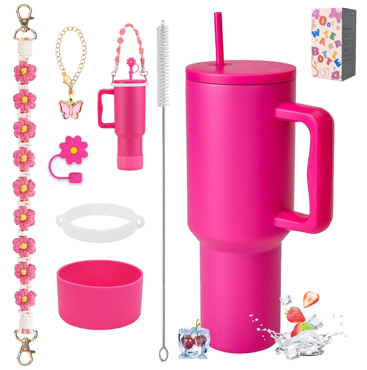 40 oz Tumbler Travel Mug Coffee Cup with Handle and Straw/Stainless Steel Double Wall Vacuum Insulated for Cold Hot Coffee -Easy to Carry-Holiday Gifts for Women Men 6PCS (Raspberry Vibes)