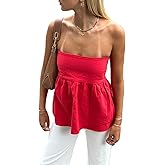 Aopwsrlyi Women's Strapless Peplum Top Summer Sleeveless Smocked Backless Ruffle Hem Bandeau Tube Top