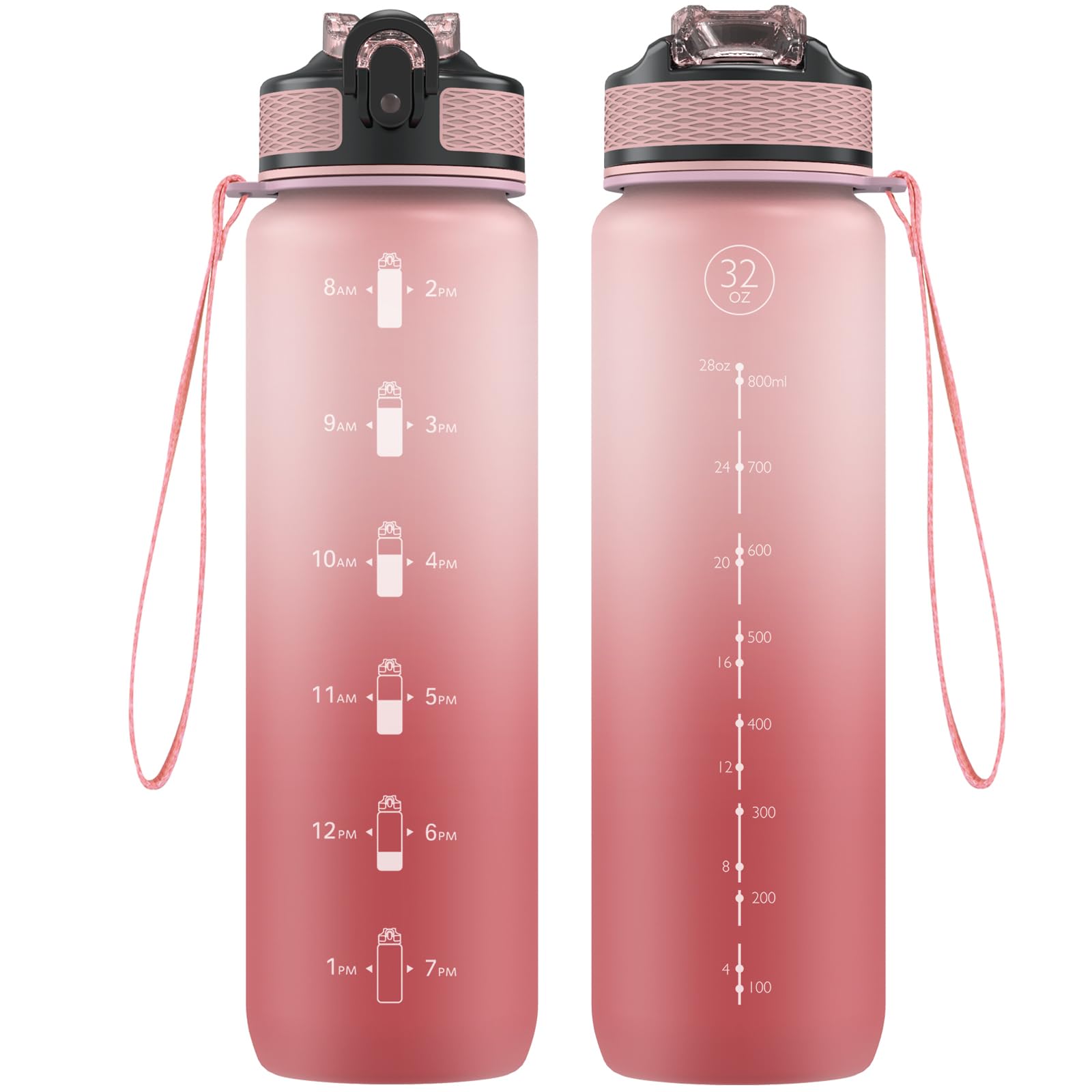 NAVTUE Water Bottle, 1L Sports Water Bottle with Straw, Time Markings, Tritan BPA free, Leakproof Drinks Bottle for School, Cycling, Running (1 Bottle LightPink)