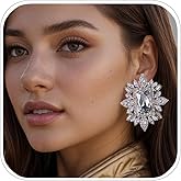 XSBODY Large Silver Rhinestone Clip On Earrings For Women Non Pierced Bling Crystal Statement Earrings Formal Trendy